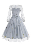 Vestido Floral Blue A Line 1950s com mangas compridas