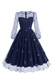 Vestido Floral Blue A Line 1950s com mangas compridas