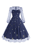 Vestido Floral Blue A Line 1950s com mangas compridas