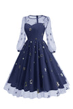 Vestido Floral Blue A Line 1950s com mangas compridas