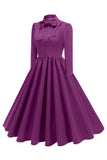 Roxo plissado laço gravata 1950 vestido com mangas compridas