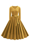 Amarelo V pescoço plissado mangas longas vestido 1950s