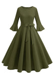 Verde escuro pescoço redondo plissado mangas longas 1950s vestido vintage