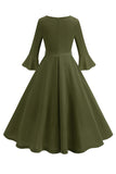 Verde escuro pescoço redondo plissado mangas longas 1950s vestido vintage