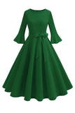 Verde escuro pescoço redondo plissado mangas longas 1950s vestido vintage