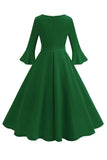 Verde escuro pescoço redondo plissado mangas longas 1950s vestido vintage