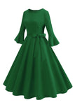 Verde escuro pescoço redondo plissado mangas longas 1950s vestido vintage