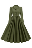 Army Green Notched Lapel plissado vestido da década de 1950 com mangas compridas