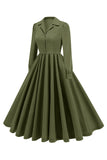 Army Green Notched Lapel plissado vestido da década de 1950 com mangas compridas