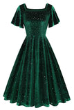 Verde escuro pontilhado veludo pescoço quadrado voador manga midi vestido vintage