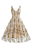Preto Floral Renda Bordado Mangas Elegante Vestido Vintage