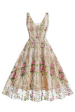 Preto Floral Renda Bordado Mangas Elegante Vestido Vintage