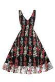 Preto Floral Renda Bordado Mangas Elegante Vestido Vintage