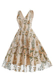 Preto Floral Renda Bordado Mangas Elegante Vestido Vintage