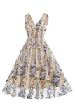 Preto Floral Renda Bordado Mangas Elegante Vestido Vintage