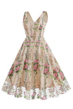 Preto Floral Renda Bordado Mangas Elegante Vestido Vintage