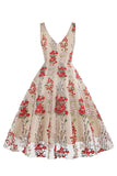 Preto Floral Renda Bordado Mangas Elegante Vestido Vintage