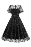 Damasco Sequined Leaf Bordado Malha Overlay Elegante Vestido Vintage