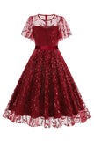 Damasco Sequined Leaf Bordado Malha Overlay Elegante Vestido Vintage