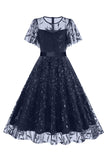 Damasco Sequined Leaf Bordado Malha Overlay Elegante Vestido Vintage