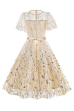 Damasco Sequined Leaf Bordado Malha Overlay Elegante Vestido Vintage