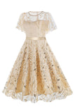 Damasco Sequined Leaf Bordado Malha Overlay Elegante Vestido Vintage