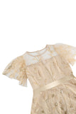 Damasco Sequined Leaf Bordado Malha Overlay Elegante Vestido Vintage