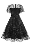 Damasco Sequined Leaf Bordado Malha Overlay Elegante Vestido Vintage