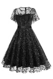 Damasco Sequined Leaf Bordado Malha Overlay Elegante Vestido Vintage