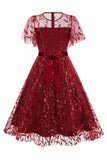 Damasco Sequined Leaf Bordado Malha Overlay Elegante Vestido Vintage