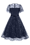 Damasco Sequined Leaf Bordado Malha Overlay Elegante Vestido Vintage