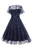 Damasco Sequined Leaf Bordado Malha Overlay Elegante Vestido Vintage