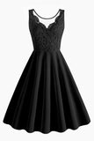 Preto A Line Rufflesd V-Neck Mangas Vestido Vintage