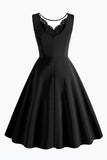 Preto A Line Rufflesd V-Neck Mangas Vestido Vintage