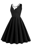 Preto A Line Rufflesd V-Neck Mangas Vestido Vintage