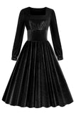 Preto Uma linha mangas compridas plissado vestido vintage 1950