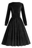 Preto Uma linha mangas compridas plissado vestido vintage 1950