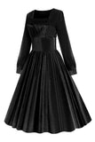 Preto Uma linha mangas compridas plissado vestido vintage 1950