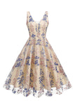 Sparkly Apricot Flor Mangas Swing Swing 1950s Vestido