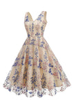 Sparkly Apricot Flor Mangas Swing Swing 1950s Vestido
