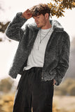 Cinza escuro Faux Fur Turn Collar Zip Up Short Men Coat