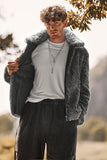 Cinza escuro Faux Fur Turn Collar Zip Up Short Men Coat