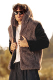 Fofo Castanho Faux Fur Mangas Longas Casaco Masculino Curto com Capuz