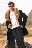 Preto Luxo Faux Fur Mangas Longas Homens inverno Outerwear