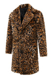 Mid-Length Brown Leopard Print Faux Fur Casaco de inverno Masculino com Gola de Lapela