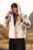 Marfim Faux Fur Zip-Up Hoodie Mangas Longas Casaco de inverno Masculino