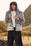 Cinza Midi Shearling Casaco de inverno Masculino com Capuz