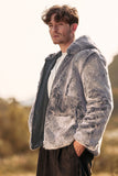 Cinza Midi Shearling Casaco de inverno Masculino com Capuz
