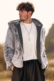 Cinza Midi Shearling Casaco de inverno Masculino com Capuz
