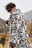 Branco Preto Faux Fur Print Leopard Mid-Length Collar Casaco Masculino